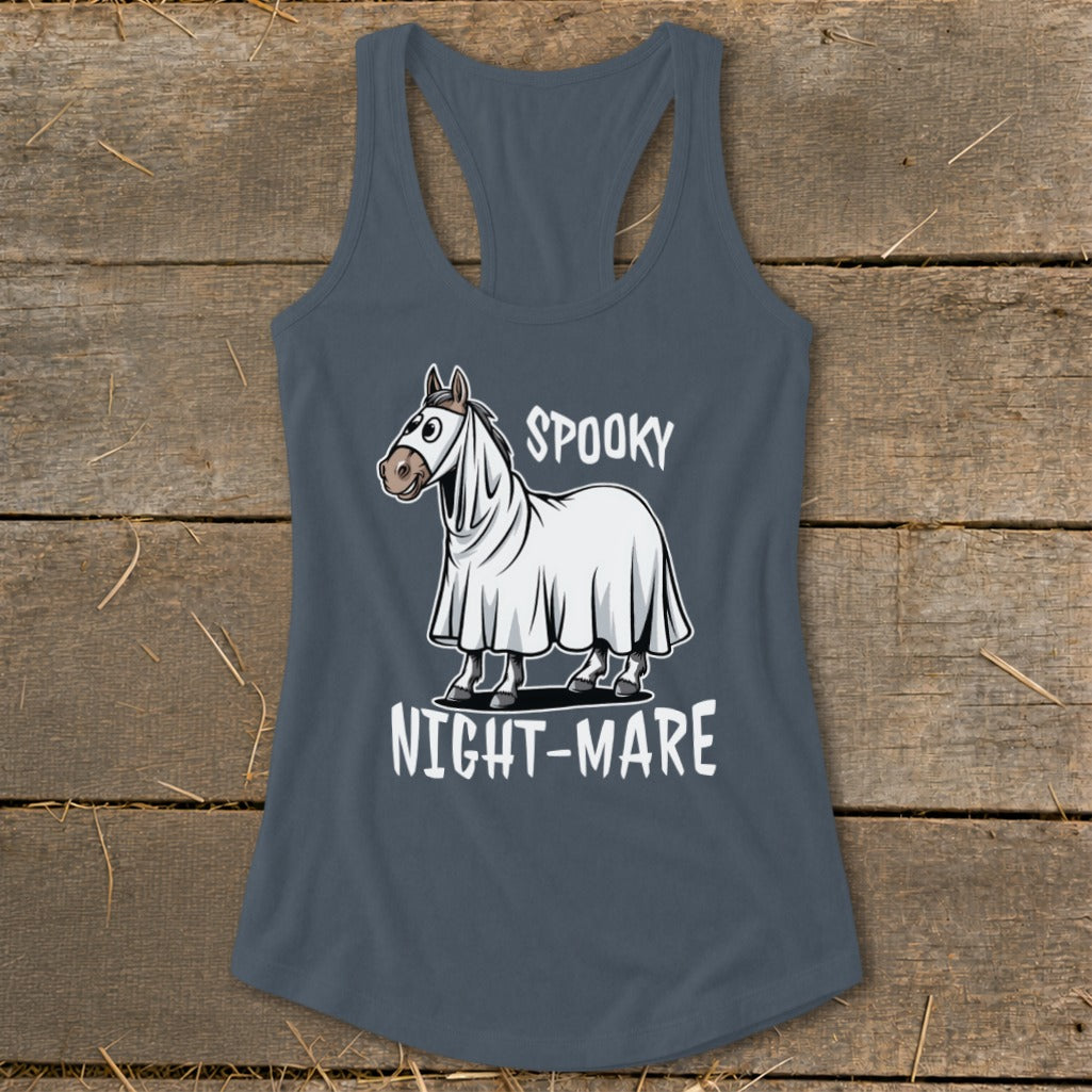 Horse in ghost costume with text "SPOOKY NIGHT-MARE" on shirt.