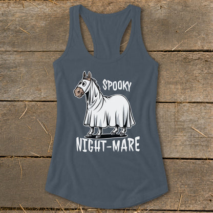 Horse in ghost costume with text "SPOOKY NIGHT-MARE" on shirt.
