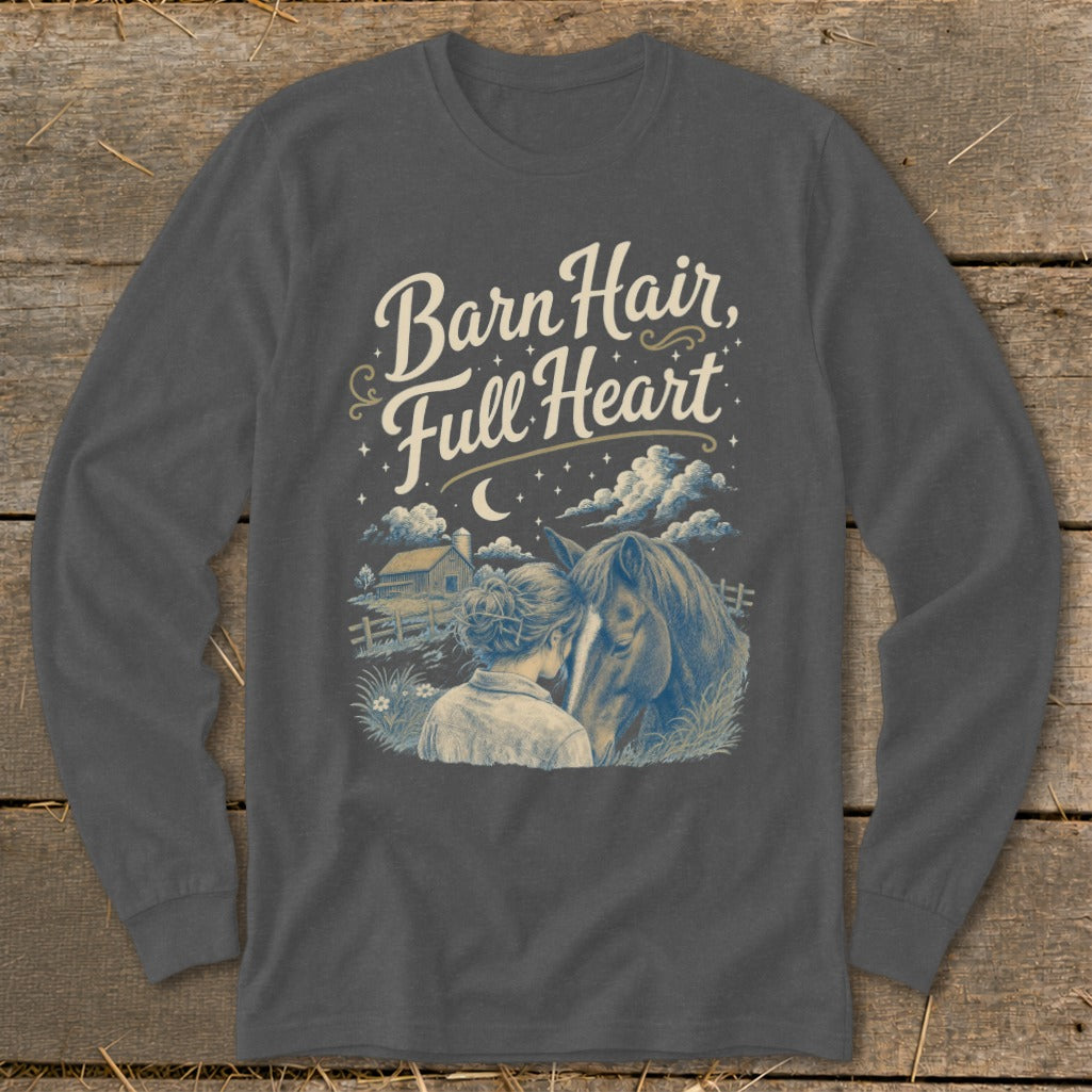 Barn Hair Full Heart text graphic of girl and horse in a barnyard scene.