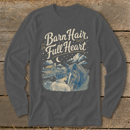 Barn Hair Full Heart text graphic of girl and horse in a barnyard scene.