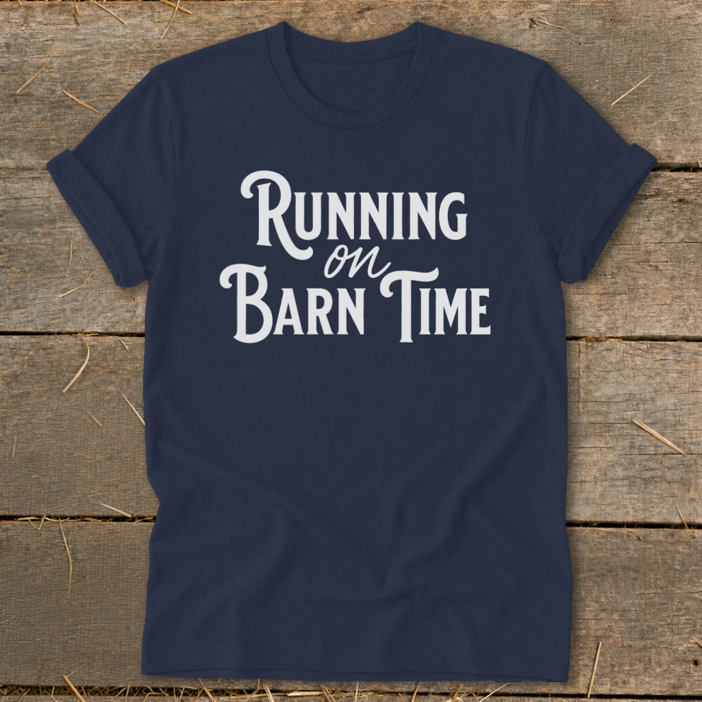 Navy t-shirt with white text "Running on Barn Time"