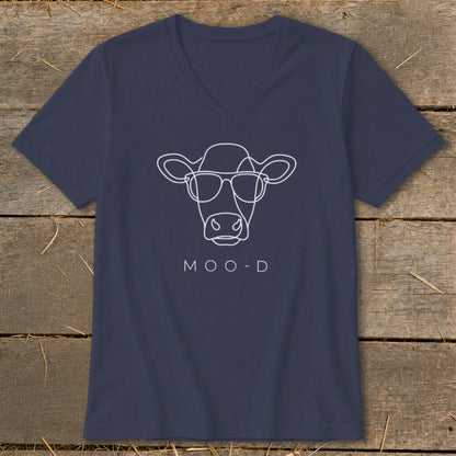 Navy v-neck t-shirt with a white line drawing of a cow wearing sunglasses and the text "MOO-D".
