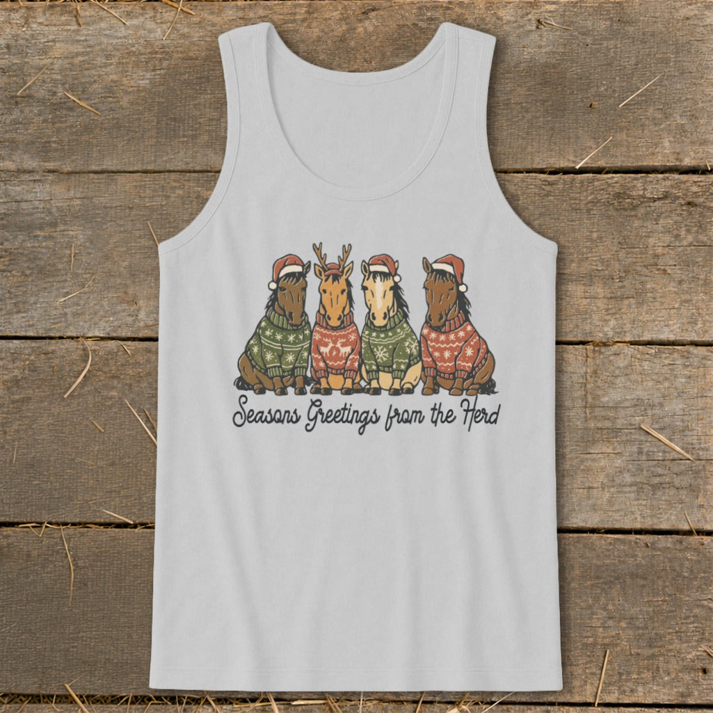 Four horses in Christmas sweaters and hats with text "Seasons Greetings from the Herd".