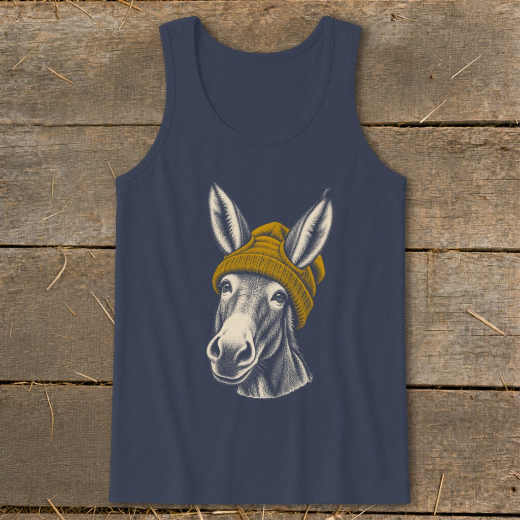 Donkey wearing a beanie, illustration on a navy blue tank top.