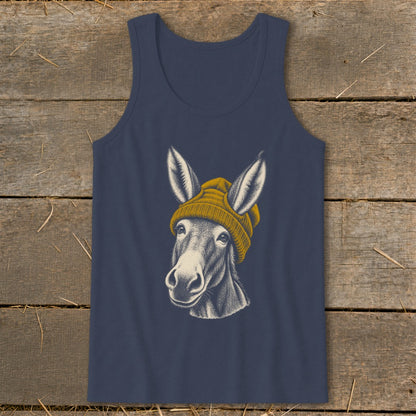 Donkey wearing a beanie, illustration on a navy blue tank top.
