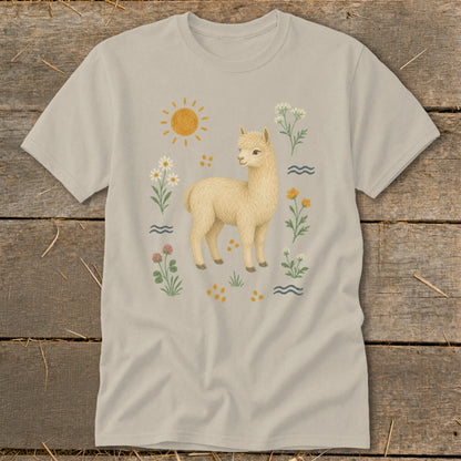 Light tan t-shirt with a cream alpaca surrounded by flowers, sun, and wavy lines.