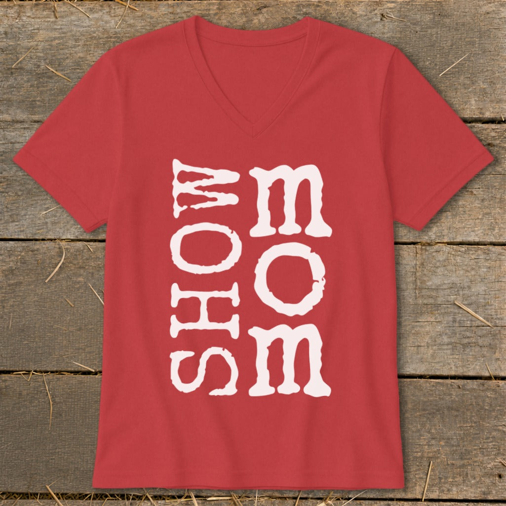 Red v-neck t-shirt with white text "SHOW MOM".