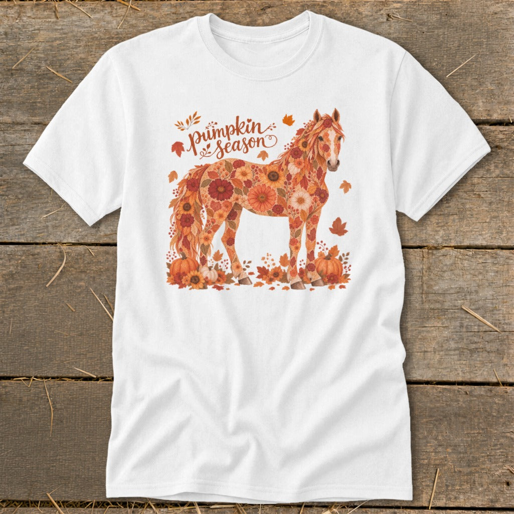 White t-shirt with floral horse and "pumpkin season" text.