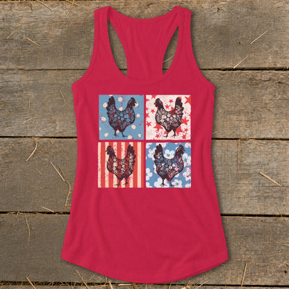 Red tank top with four square panels featuring patriotic chickens.