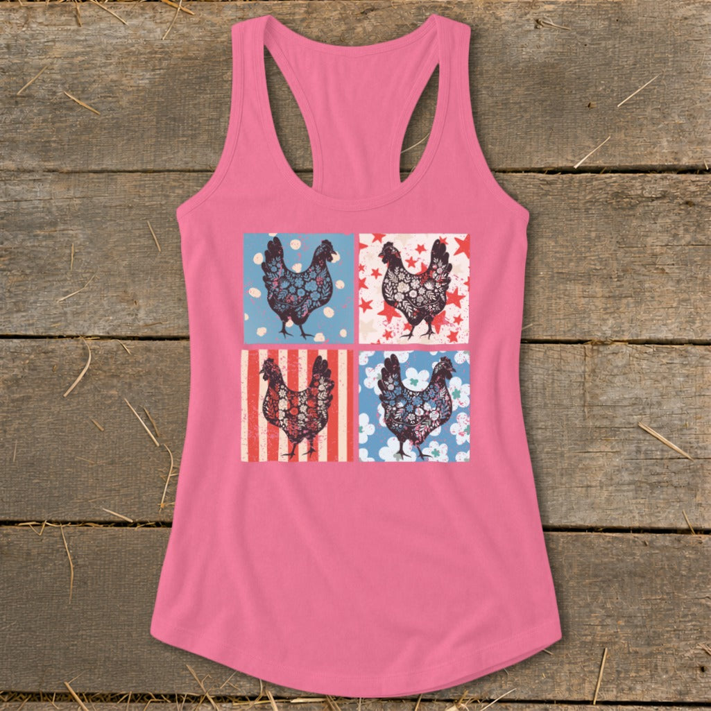 Pink tank top with four squares featuring decorative chickens on patterned backgrounds.