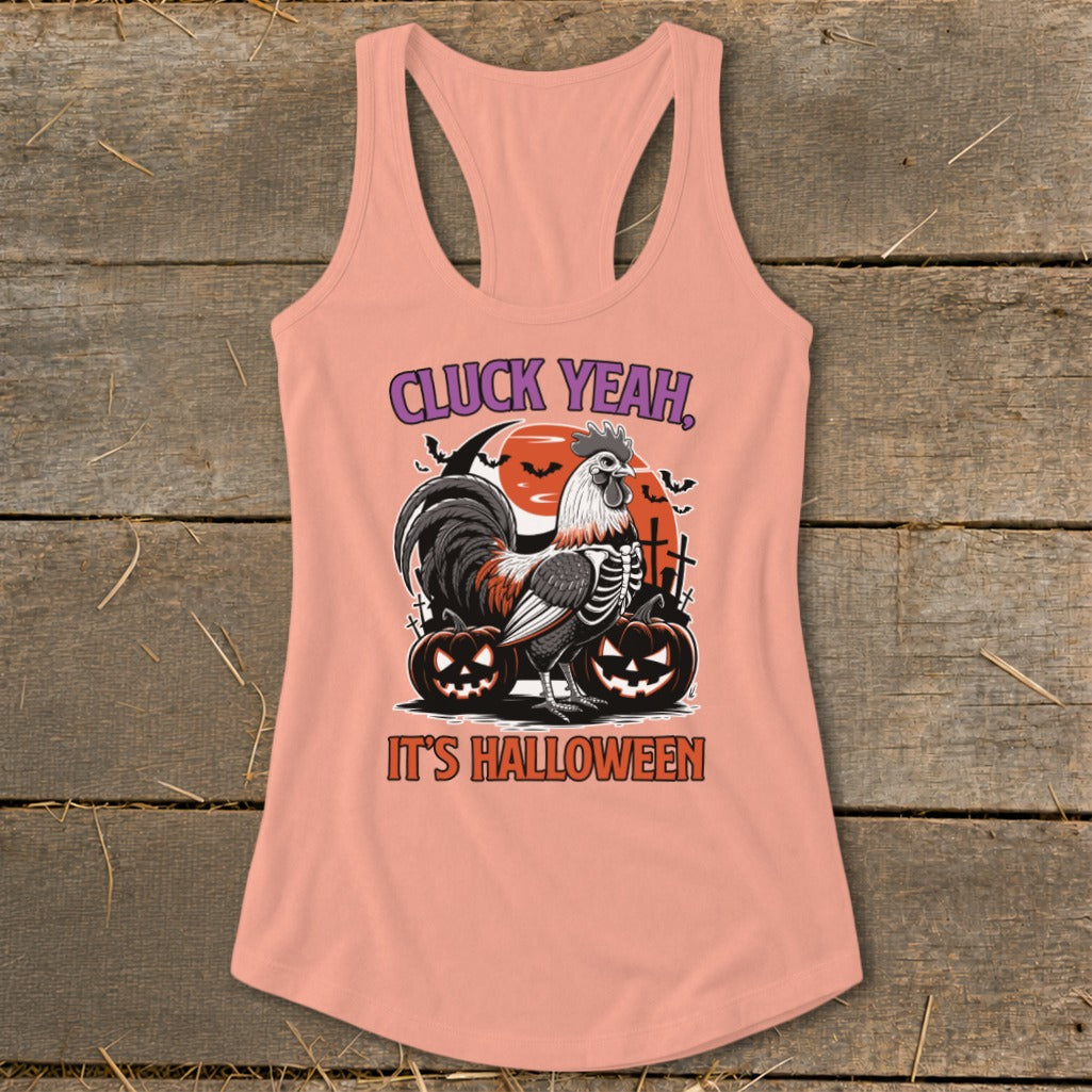 Peach tank top with skeleton rooster, pumpkins, and text "CLUCK YEAH, IT'S HALLOWEEN".