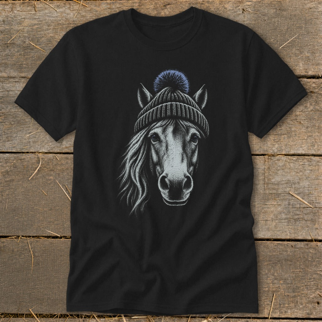 Black t-shirt with a sketch of a horse wearing a blue beanie.
