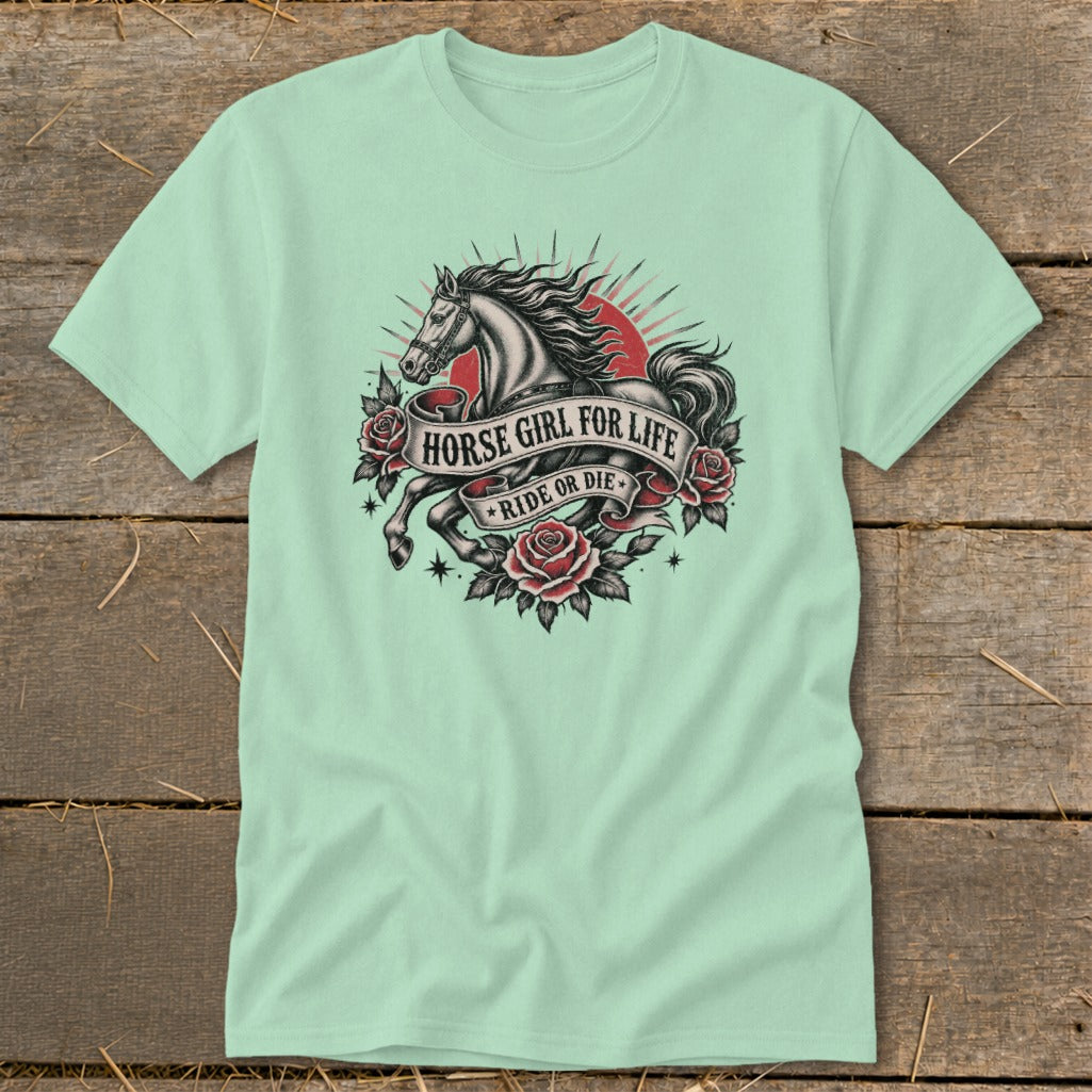 Light mint t-shirt with a vintage tattoo-style graphic of a horse and roses.