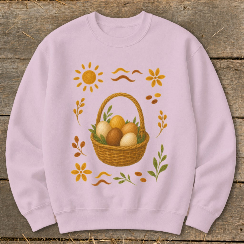 Pink sweatshirt with a woven basket of eggs and decorative floral elements.