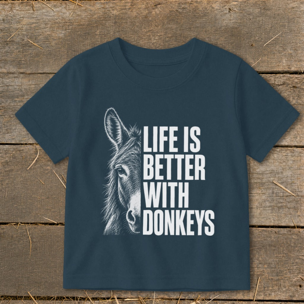 Dark t-shirt with a donkey graphic and the text "LIFE IS BETTER WITH DONKEYS".