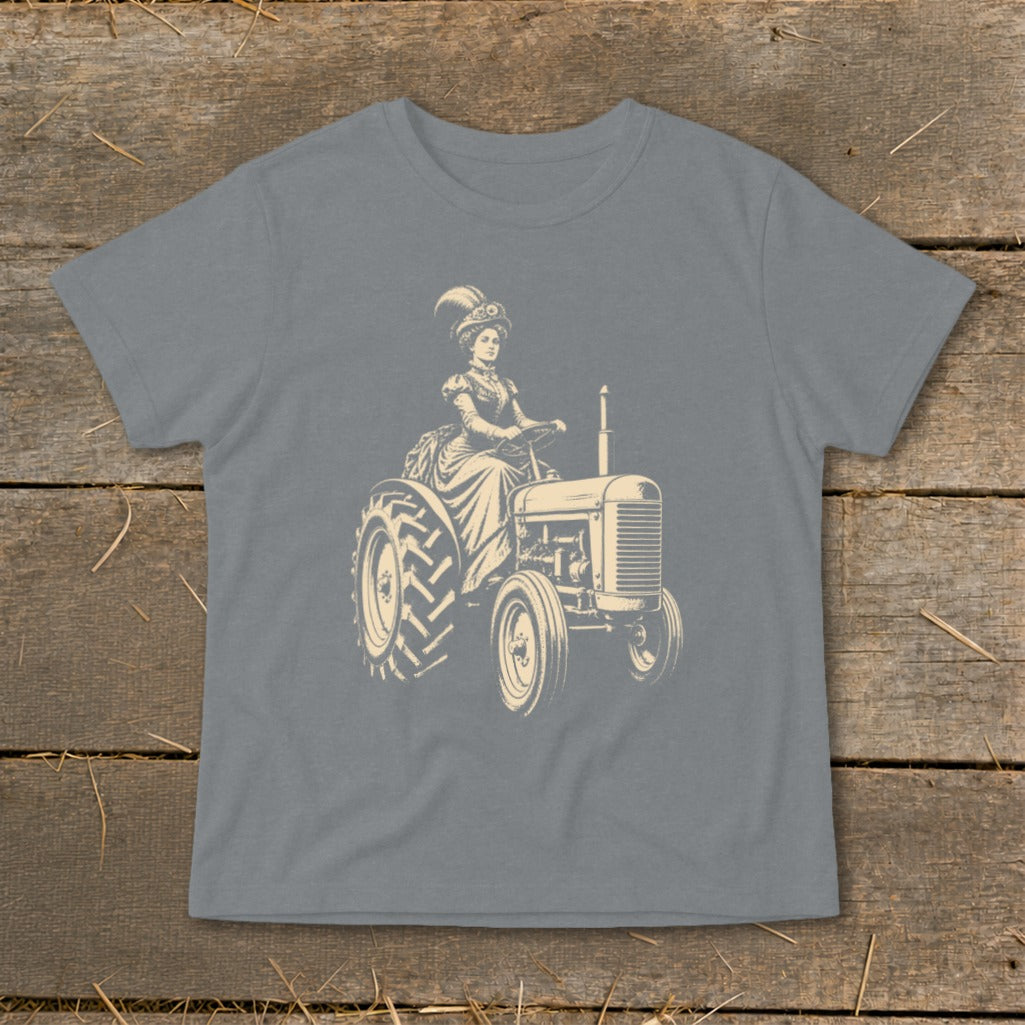 Illustration of woman in vintage dress driving a tractor.