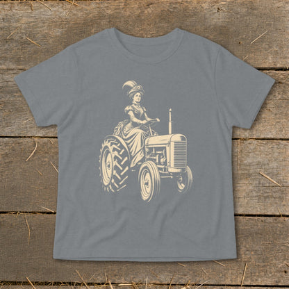 Illustration of woman in vintage dress driving a tractor.