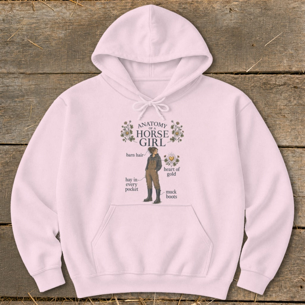Pink hoodie with "Anatomy of a Horse Girl" text and illustrative diagram.
