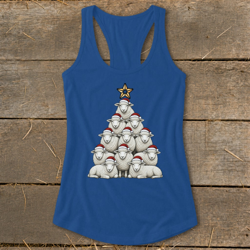 Blue tank top with sheep arranged in a Christmas tree shape wearing Santa hats.