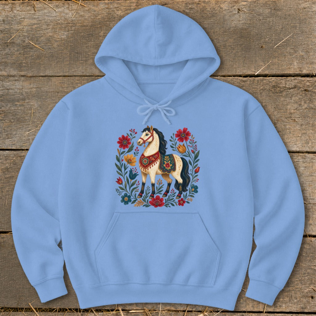 Light blue hoodie with a cream and black horse in a floral wreath design.