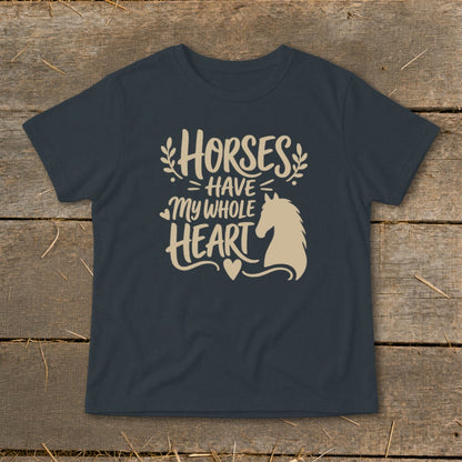 Dark gray t-shirt with "Horses Have My Whole Heart" text and horse silhouette graphic.