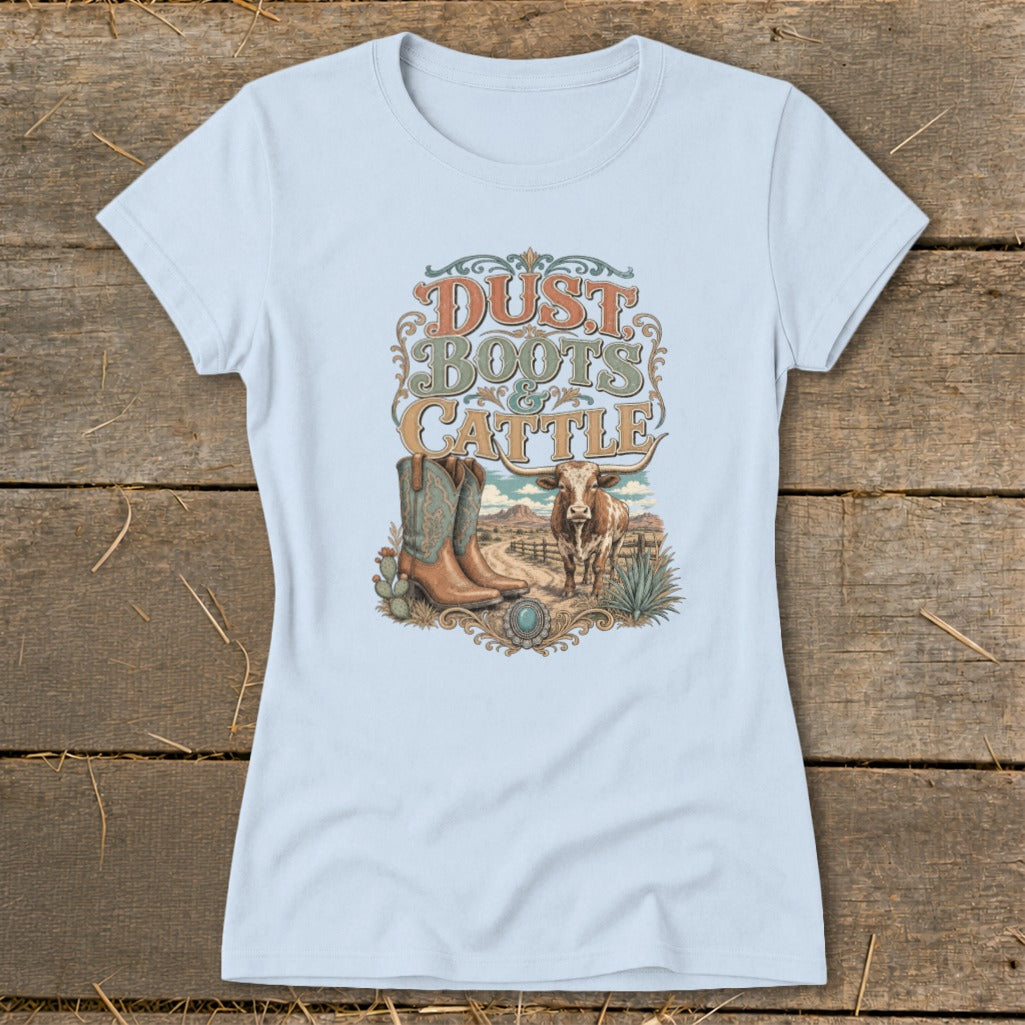 Light blue t-shirt with "Dust Boots & Cattle" graphic featuring cowboy boots and a steer.