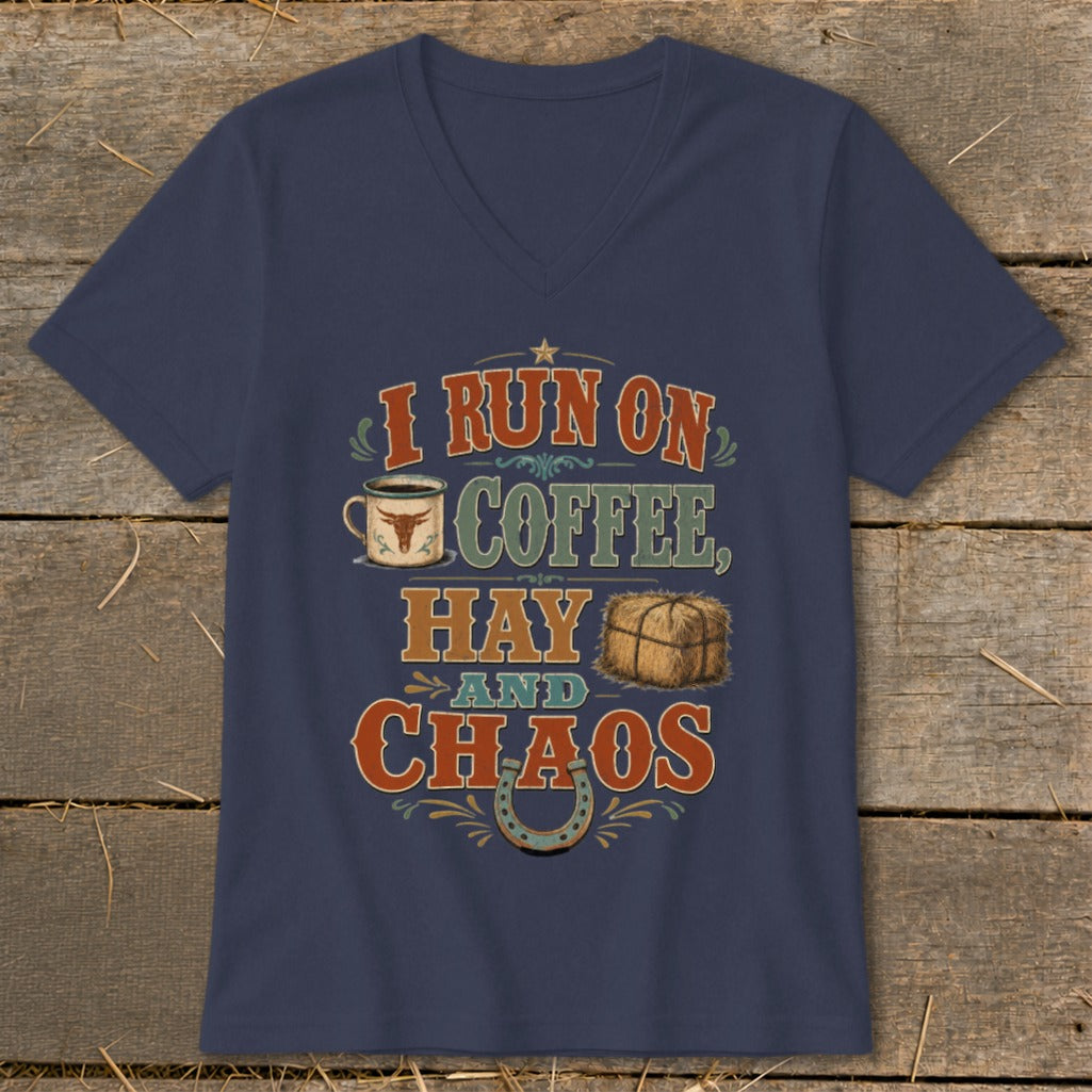 Navy v-neck t-shirt with text "I RUN ON COFFEE, HAY AND CHAOS."