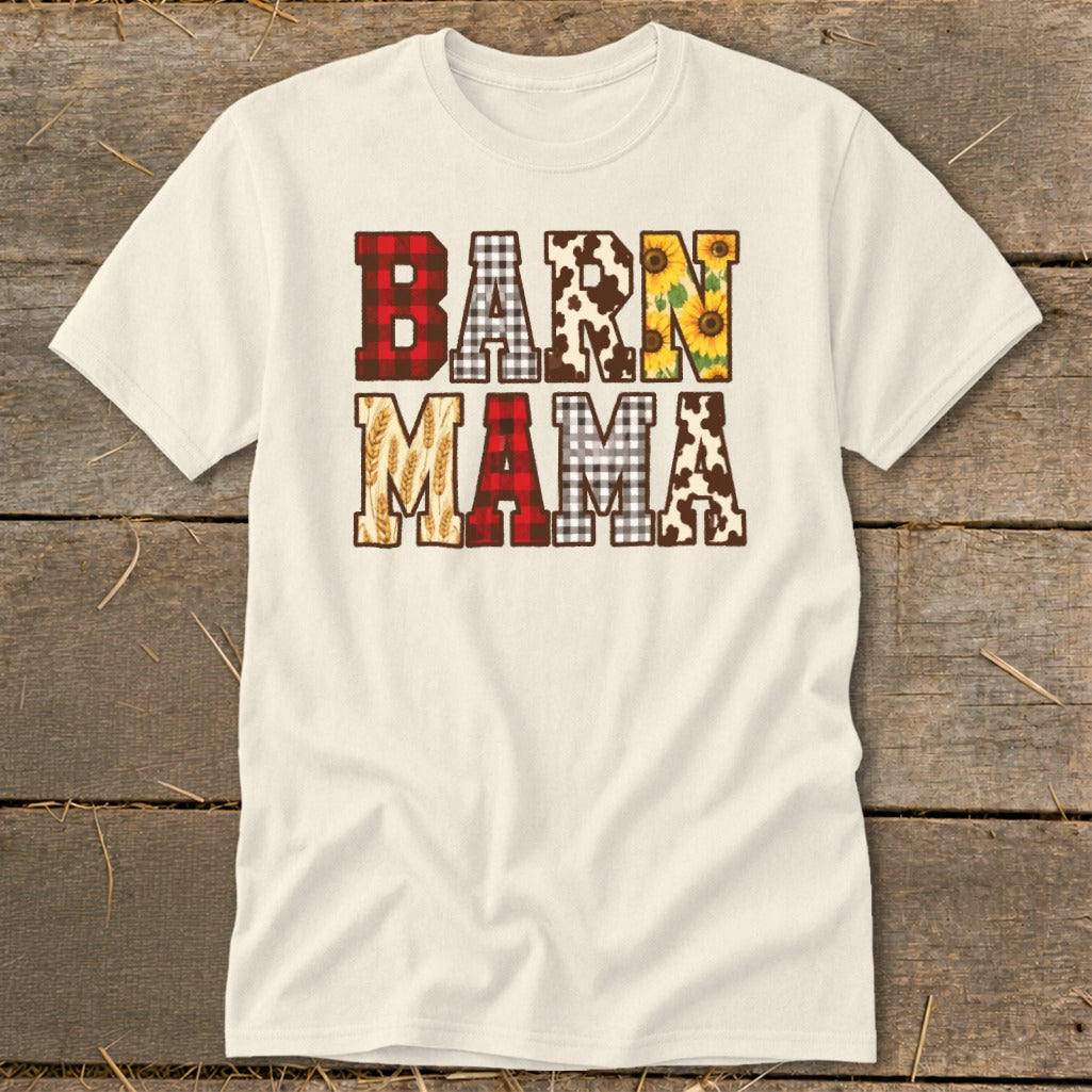 Cream t-shirt with "BARN MAMA" text in patterned letters.