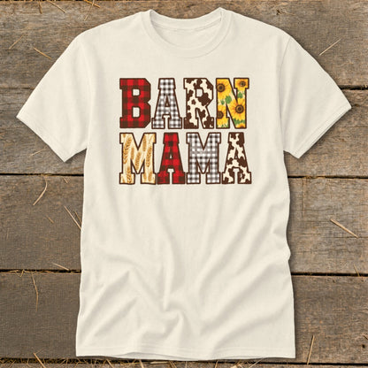 Cream t-shirt with "BARN MAMA" text in patterned letters.