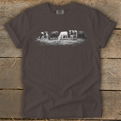 Line of five cows grazing in a field on a dark gray t-shirt.