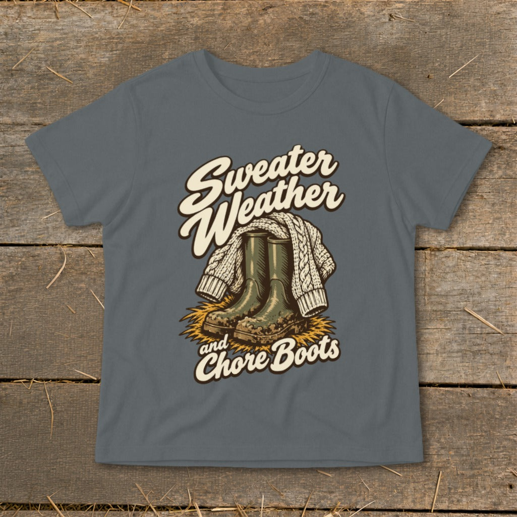 T-shirt with "Sweater Weather and Chore Boots" graphic and illustration.