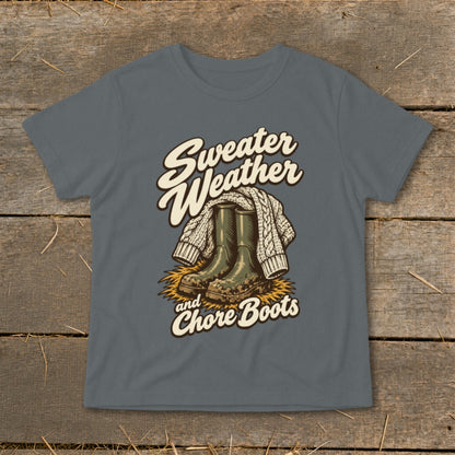 T-shirt with "Sweater Weather and Chore Boots" graphic and illustration.