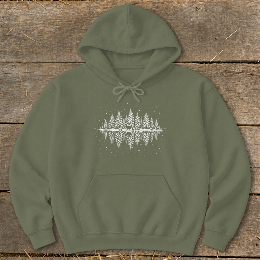 Olive green hoodie with white graphic of snowy pine trees and a deer reflected in water.