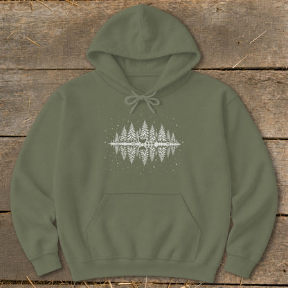Olive green hoodie with white graphic of snowy pine trees and a deer reflected in water.