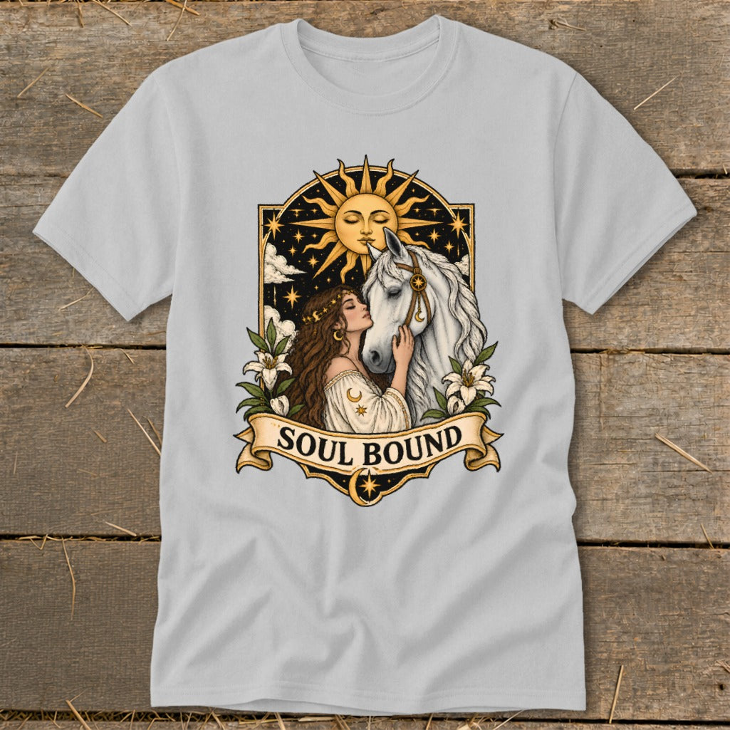 Woman kissing white horse with sun and stars, "Soul Bound" text on banner.