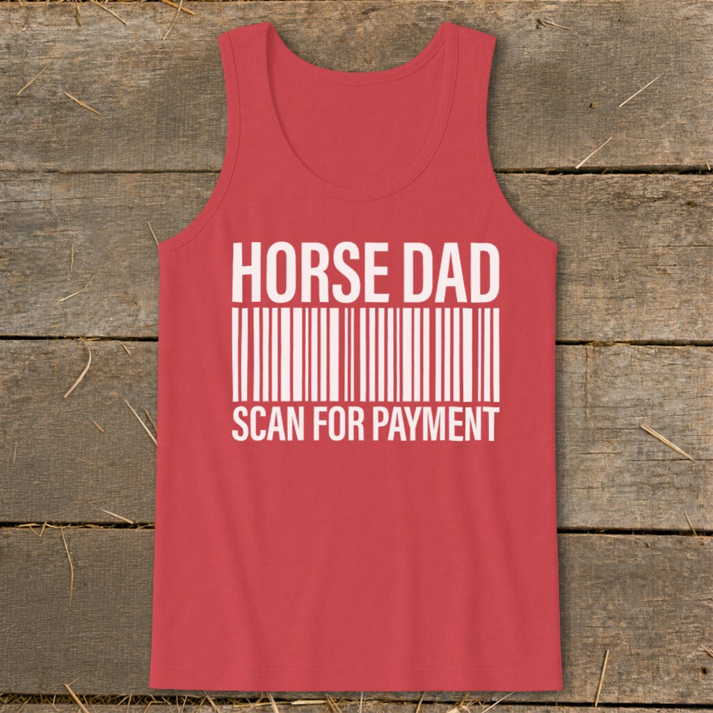 Red tank top with "HORSE DAD SCAN FOR PAYMENT" text and barcode.