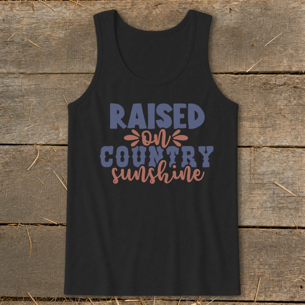 Black tank top with "RAISED ON COUNTRY SUNSHINE" text in blue and coral.