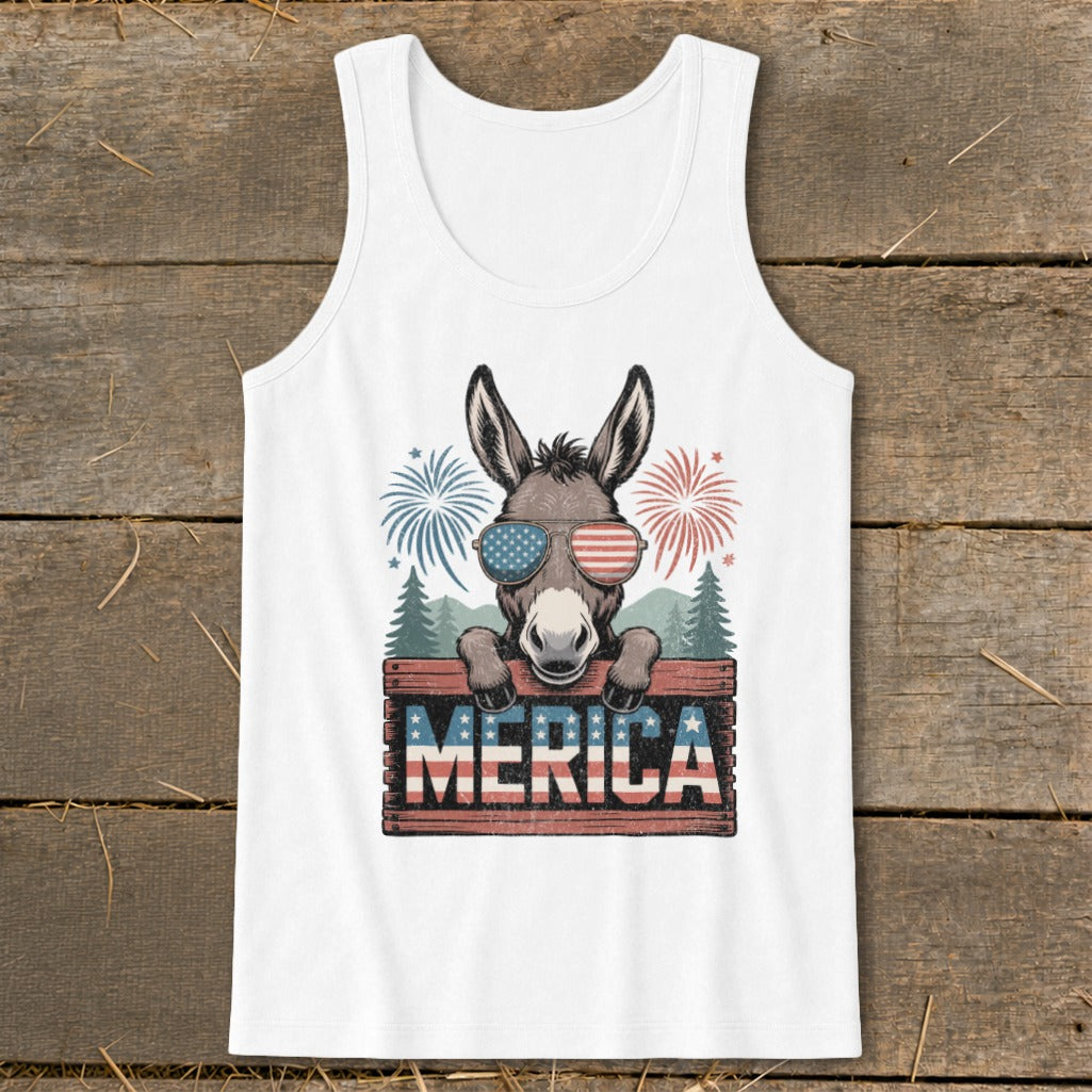 Donkey wearing American flag sunglasses, with fireworks and "MERICA" sign.