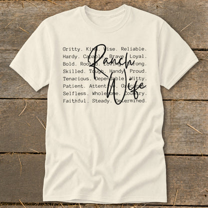 Cream t-shirt with black text describing a Ranch Wife in columns.
