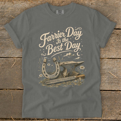 T-shirt graphic with text "Farrier Day Is the Best Day" and horseshoe, anvil, and rasp.