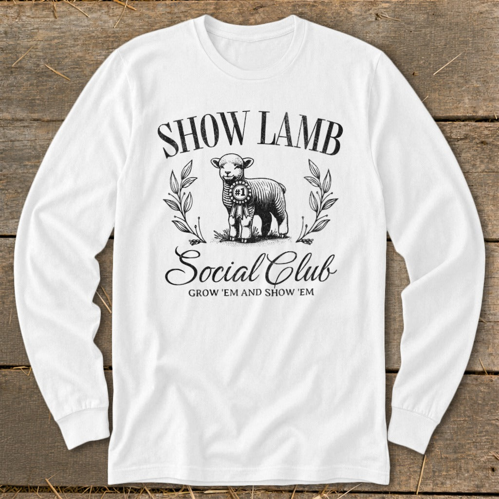 White long sleeve shirt with "Show Lamb Social Club" text and a lamb graphic.