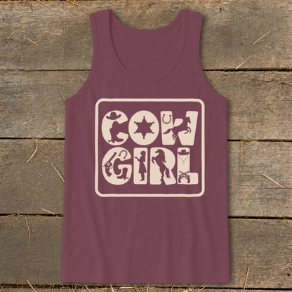 Maroon tank top with "COW GIRL" text and western-themed silhouette graphics.