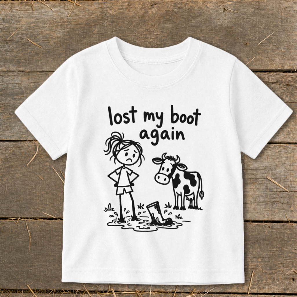 A white short-sleeve t-shirt features a graphic of a sad stick figure standing next to a cow and a muddy boot, with text reading "lost my boot again".