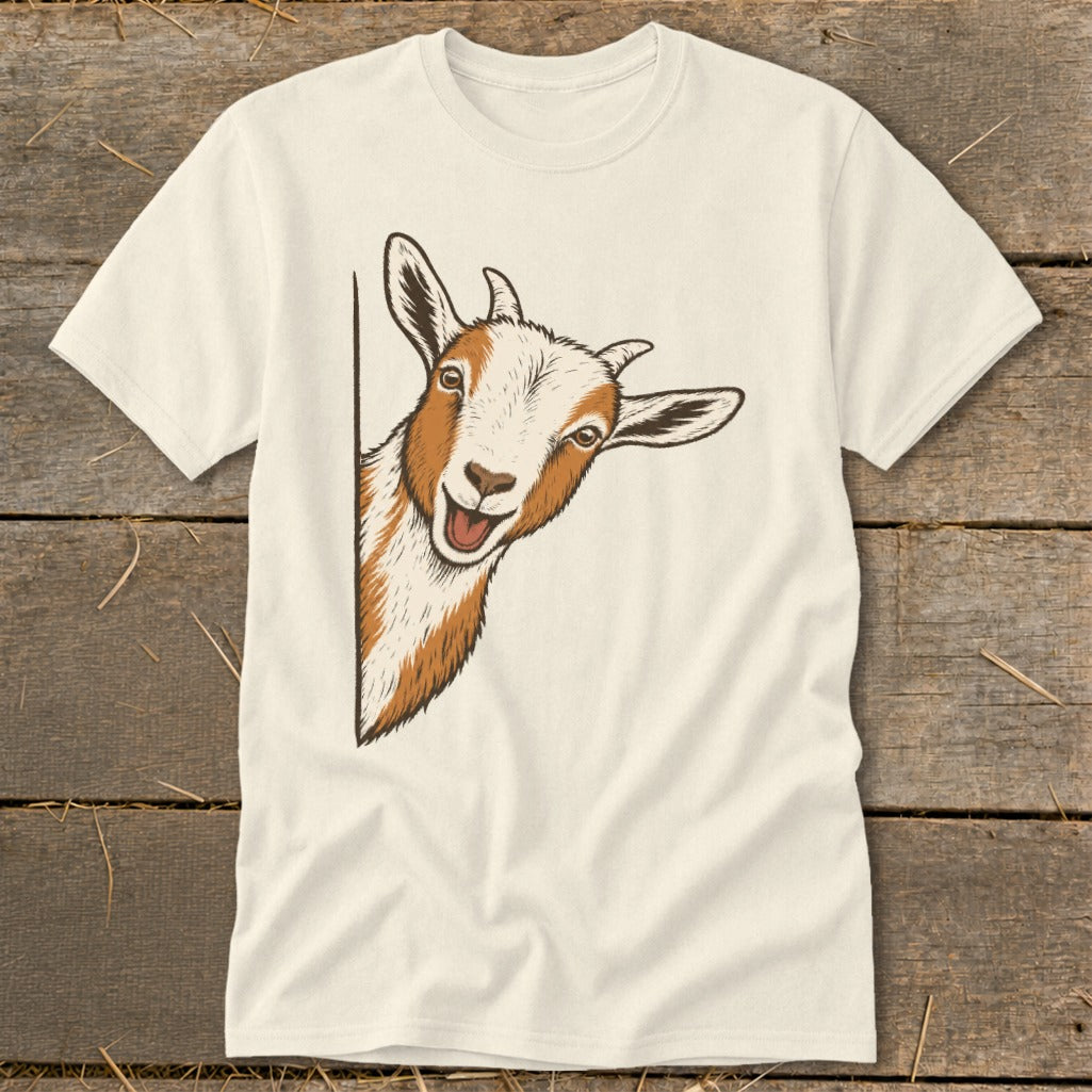 Cream t-shirt with a cartoon goat peeking from the side.