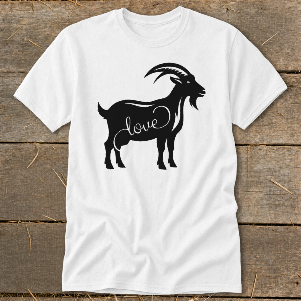 White t-shirt with a black silhouette of a goat with the word "love" inside.