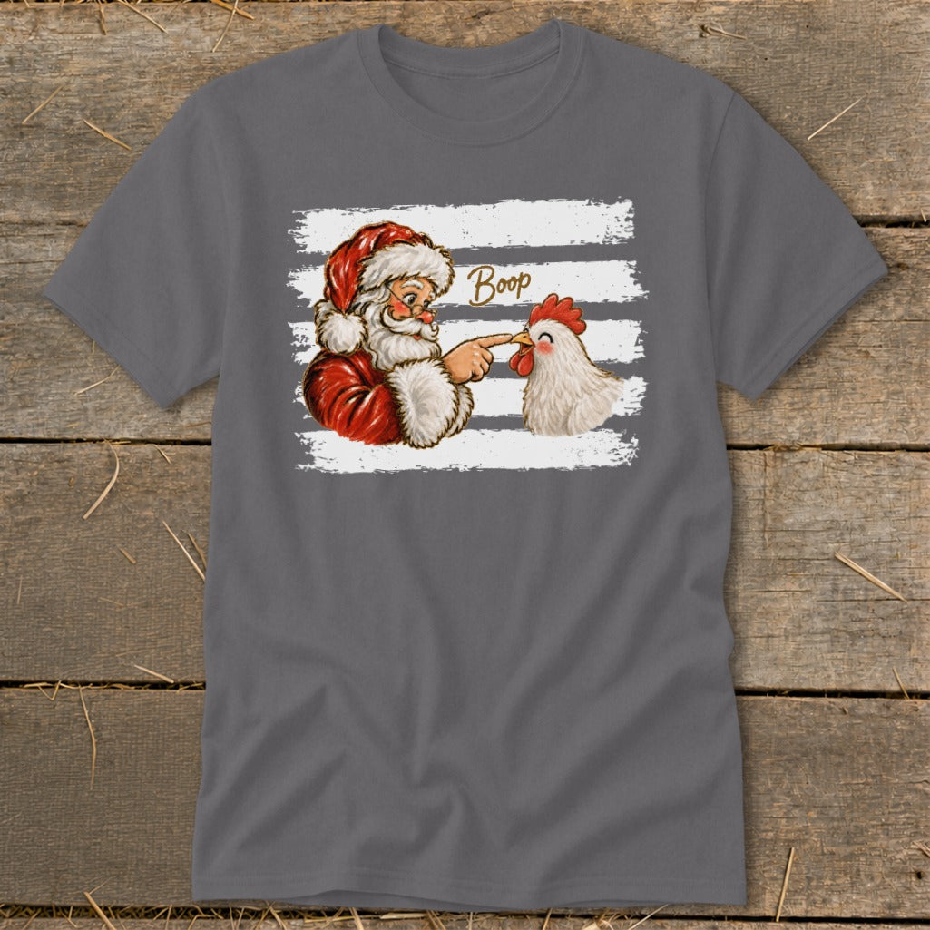 Santa booping a chicken with "Boop" text on a white striped background.