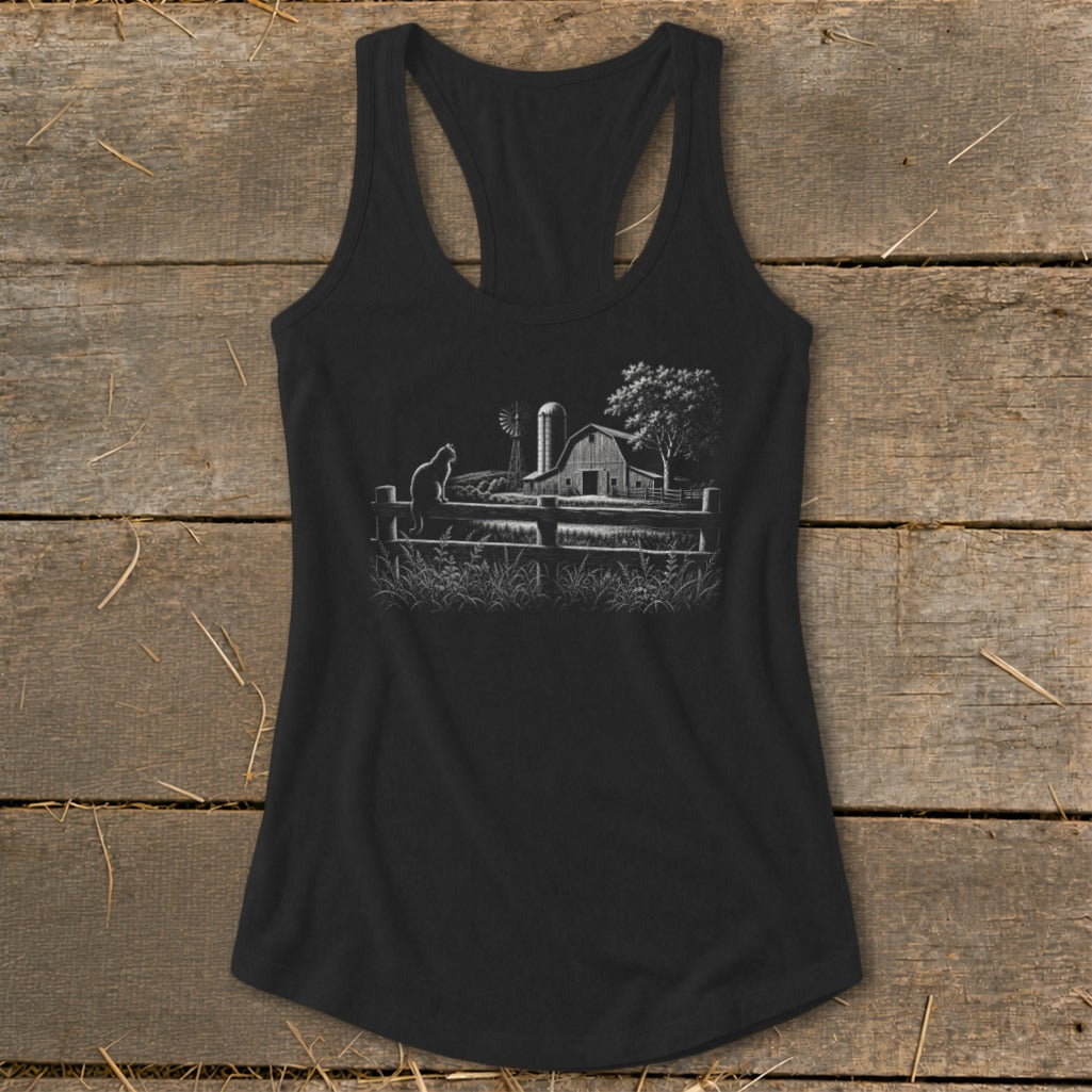 Black tank top with a white farm scene graphic featuring a cat, fence, barn, and windmill.