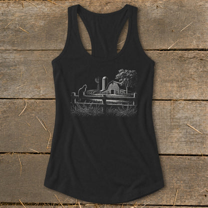 Black tank top with a white farm scene graphic featuring a cat, fence, barn, and windmill.