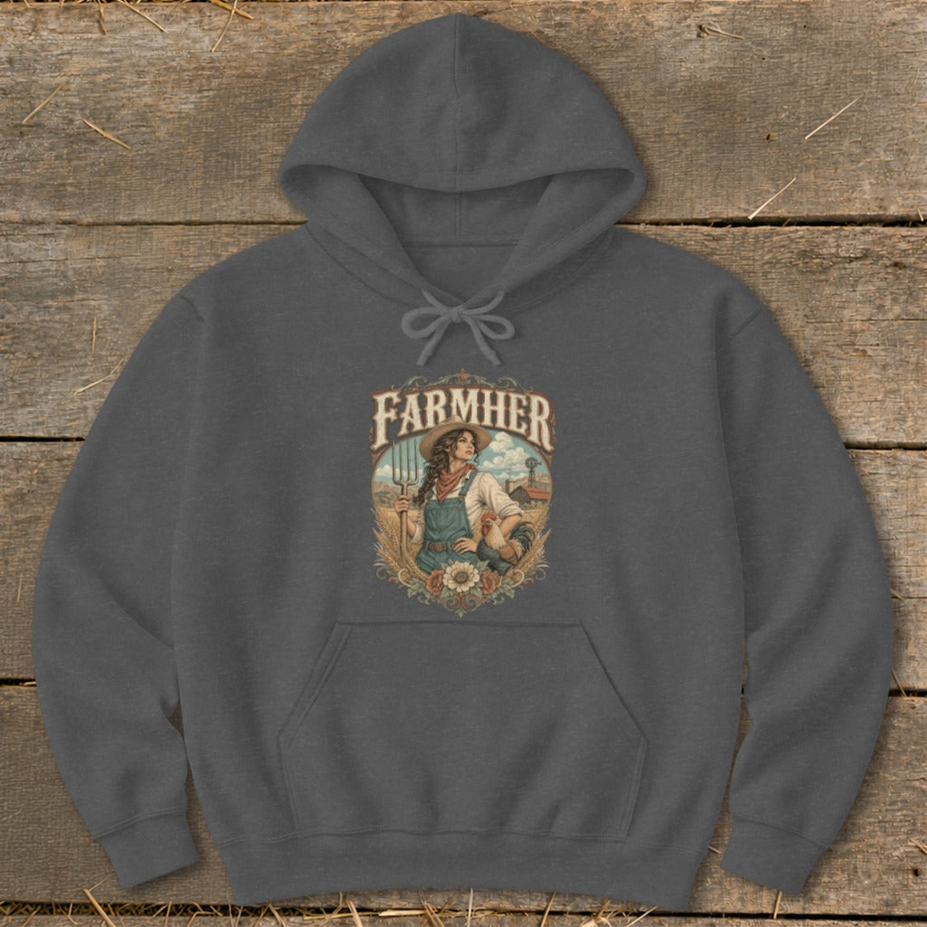 Dark gray hoodie with "FARMHER" graphic featuring a woman farmer and rooster.