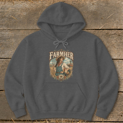 Dark gray hoodie with "FARMHER" graphic featuring a woman farmer and rooster.